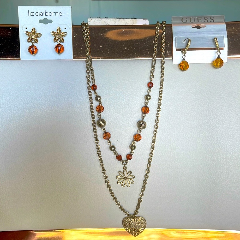 Brown and gold necklace and earrings set
